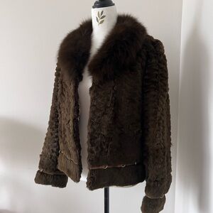 Vintage Brown-Green Real Rabbit & Fox Fur Jacket with Ring Details | Size S-M